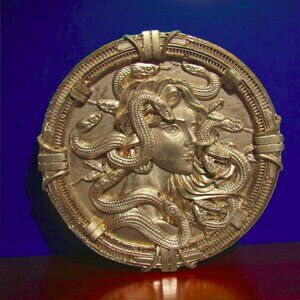 NEW Gold Medusa table decor with stand. Greek mythology snake-haired woman.